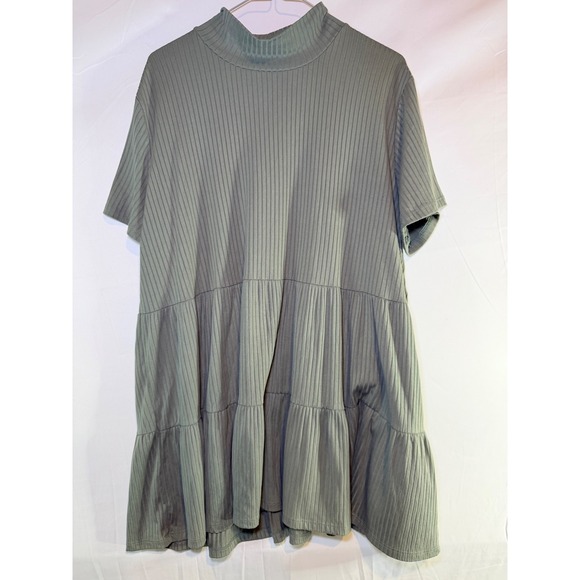 entro Tops - Entro Sage Green Ribbed Mock Neck Tiered Babydoll Tunic Top Short Sleeve